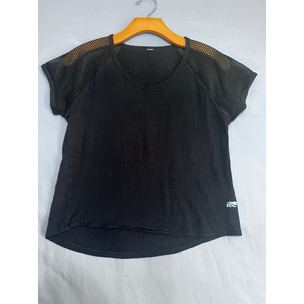 Marika Womens Activewear Top Black Mesh Raglan Sleeve High Low Hem Gym Shirt